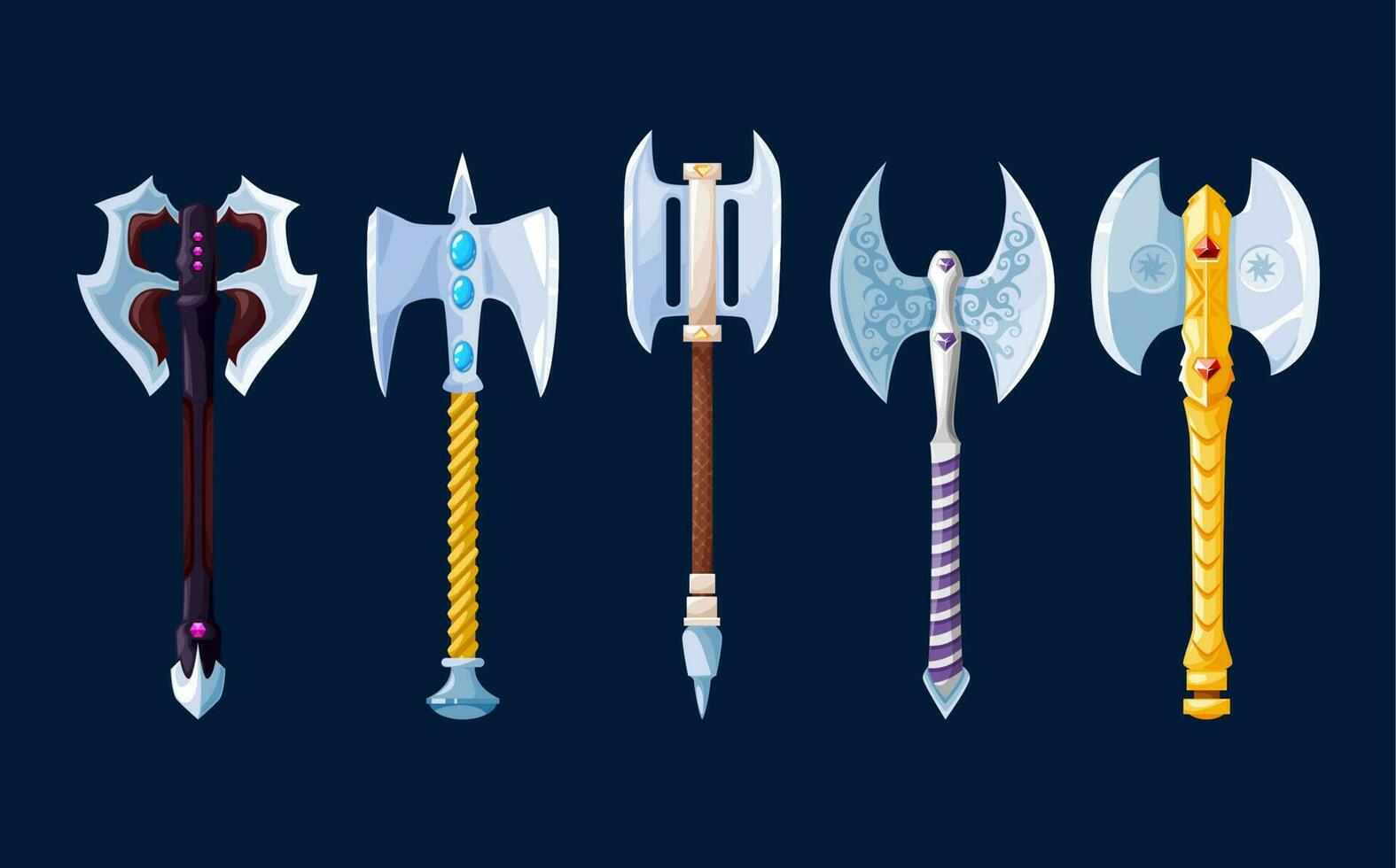 Magical cartoon steel axes and hatchets weapon vector
