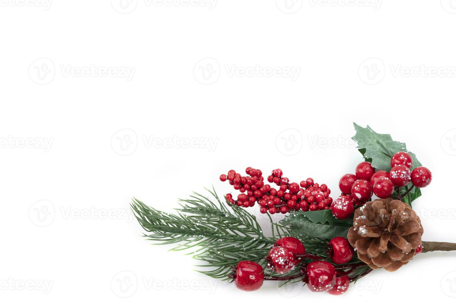 Christmas tree decoration a spruce branch with a pine cone and red berries. photo