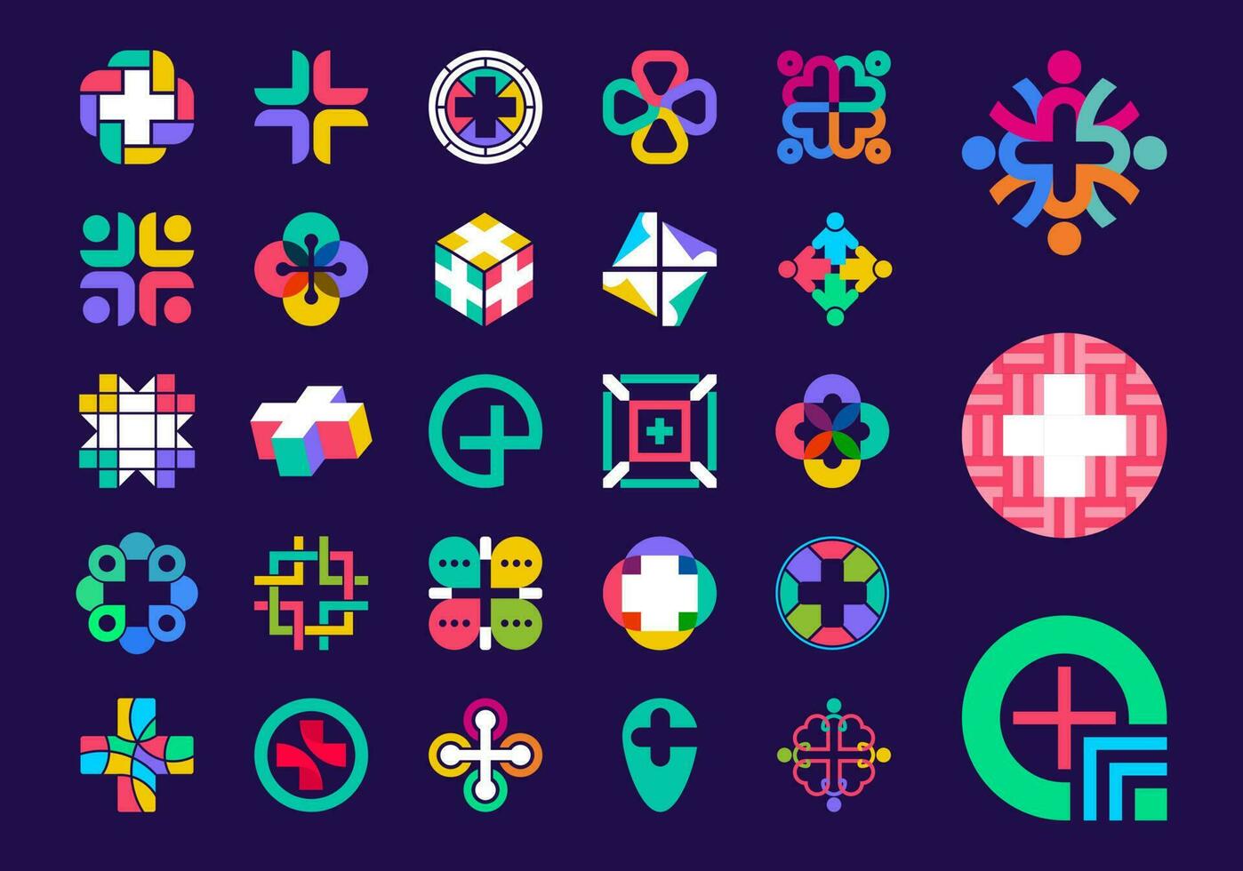 Unique Plus shape logo set. Unique color transitions. Heart plus logo template. vector