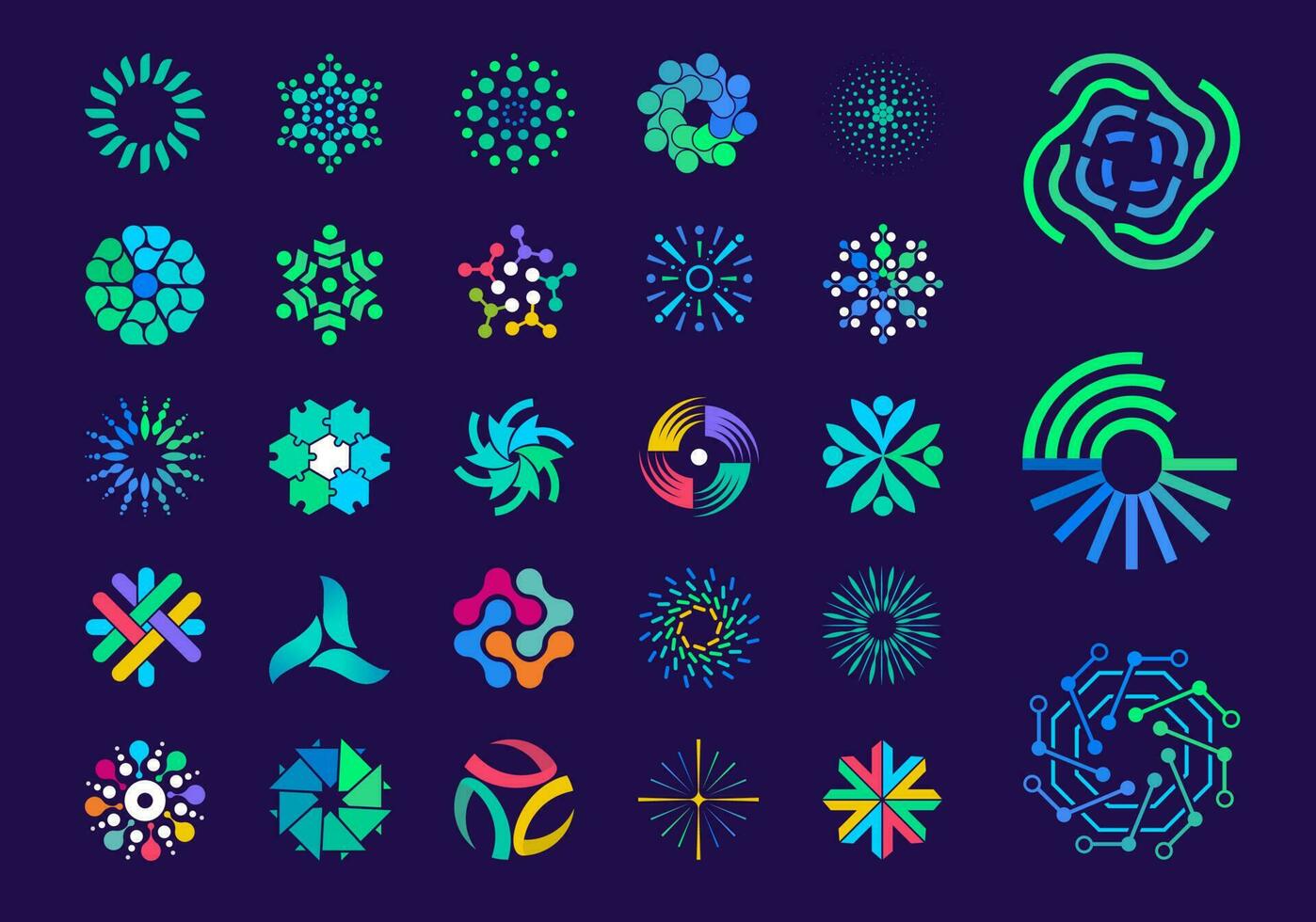 Unique geometrical shape logo set. Unique color transitions. Rotate geometric logo template. vector