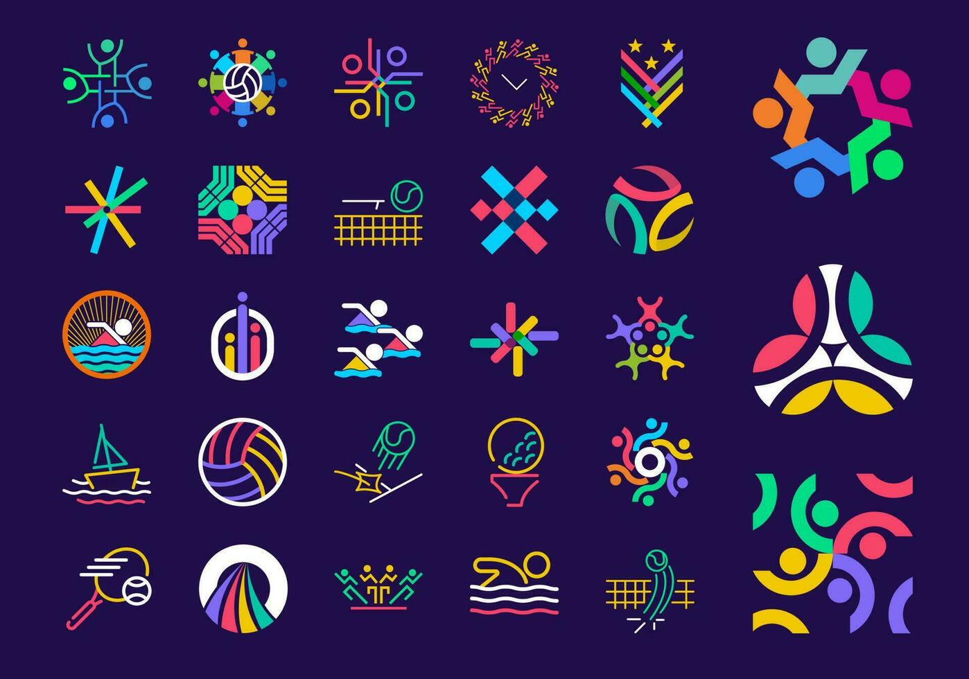 Unique sport shape logo set. Unique color transitions. Rotate geometric sport logo template. vector