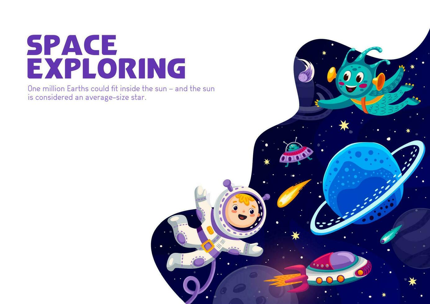 Cartoon space poster with kid astronaut and alien vector