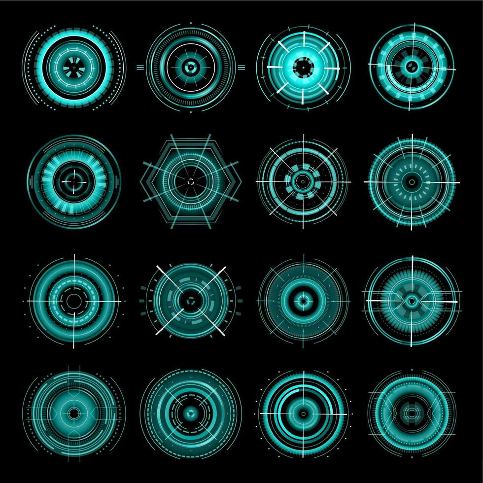 HUD futuristic target aims, sci fi interface icons vector