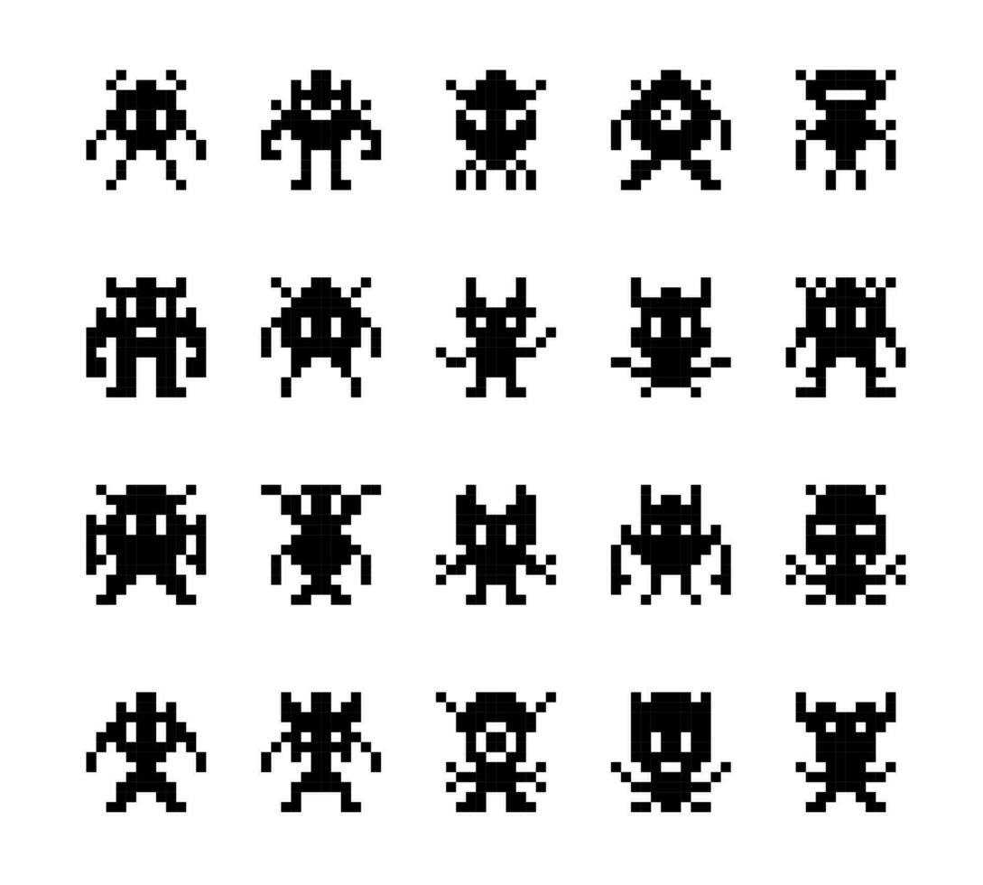 Pixel monsters, arcade game characters vector set