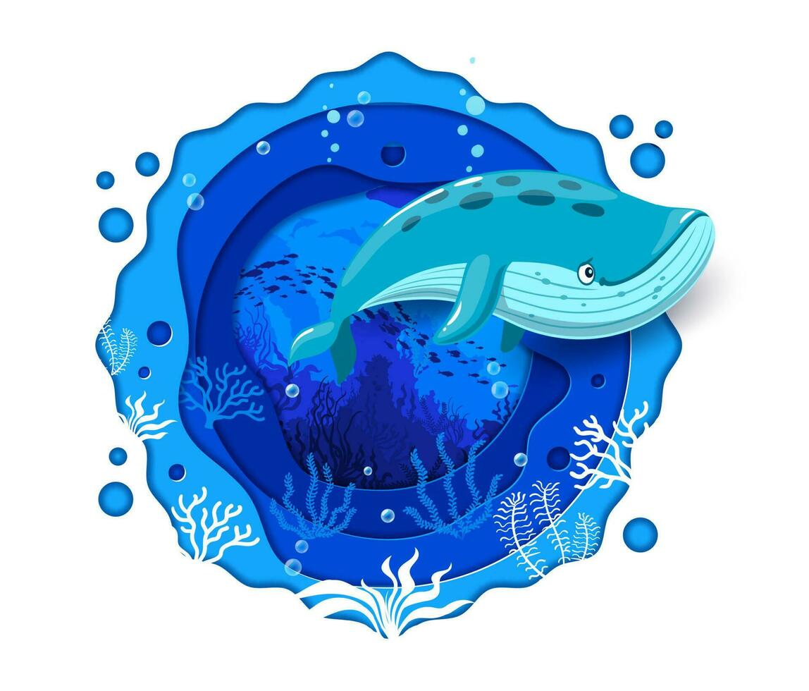 Cartoon blue whale and sea paper cut landscape vector