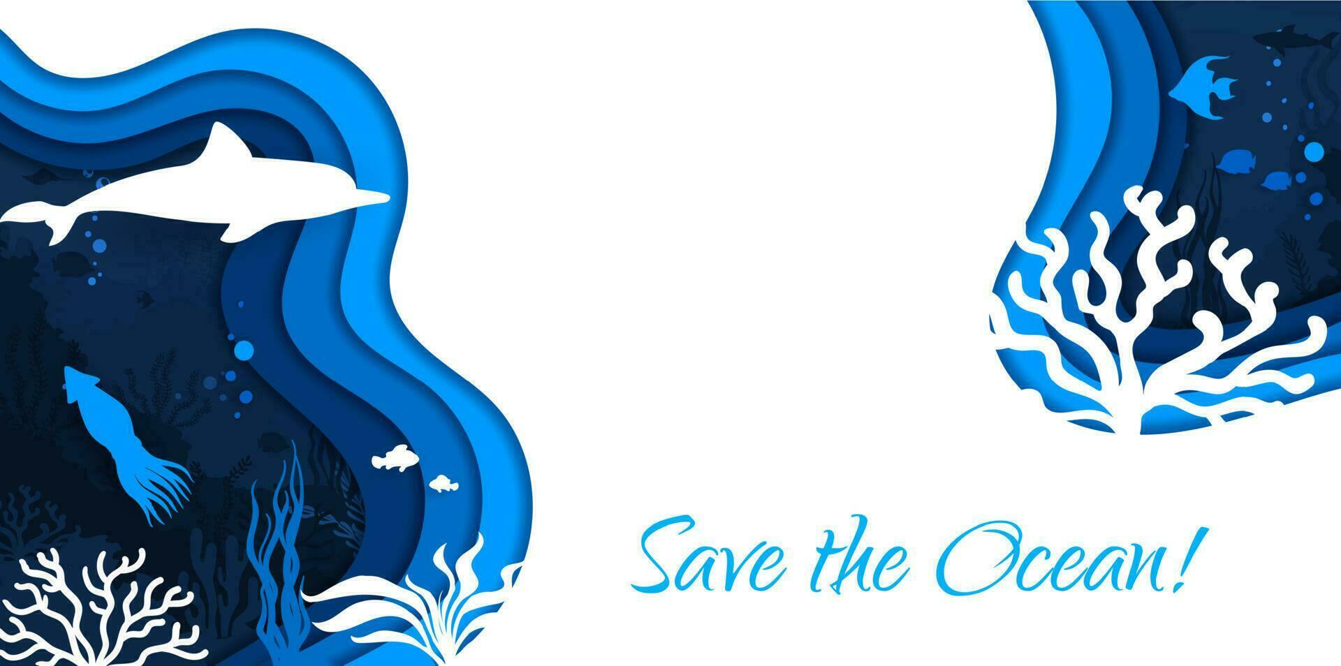 Save ocean paper cut banner, underwater landscape vector