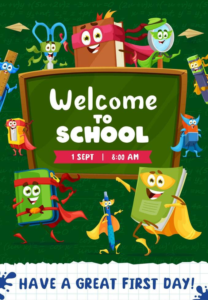 Back to school flyer, cartoon superhero stationery vector