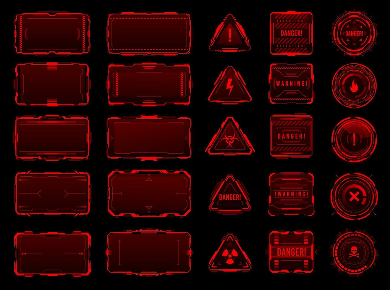 Hud red danger and warning interface frames vector