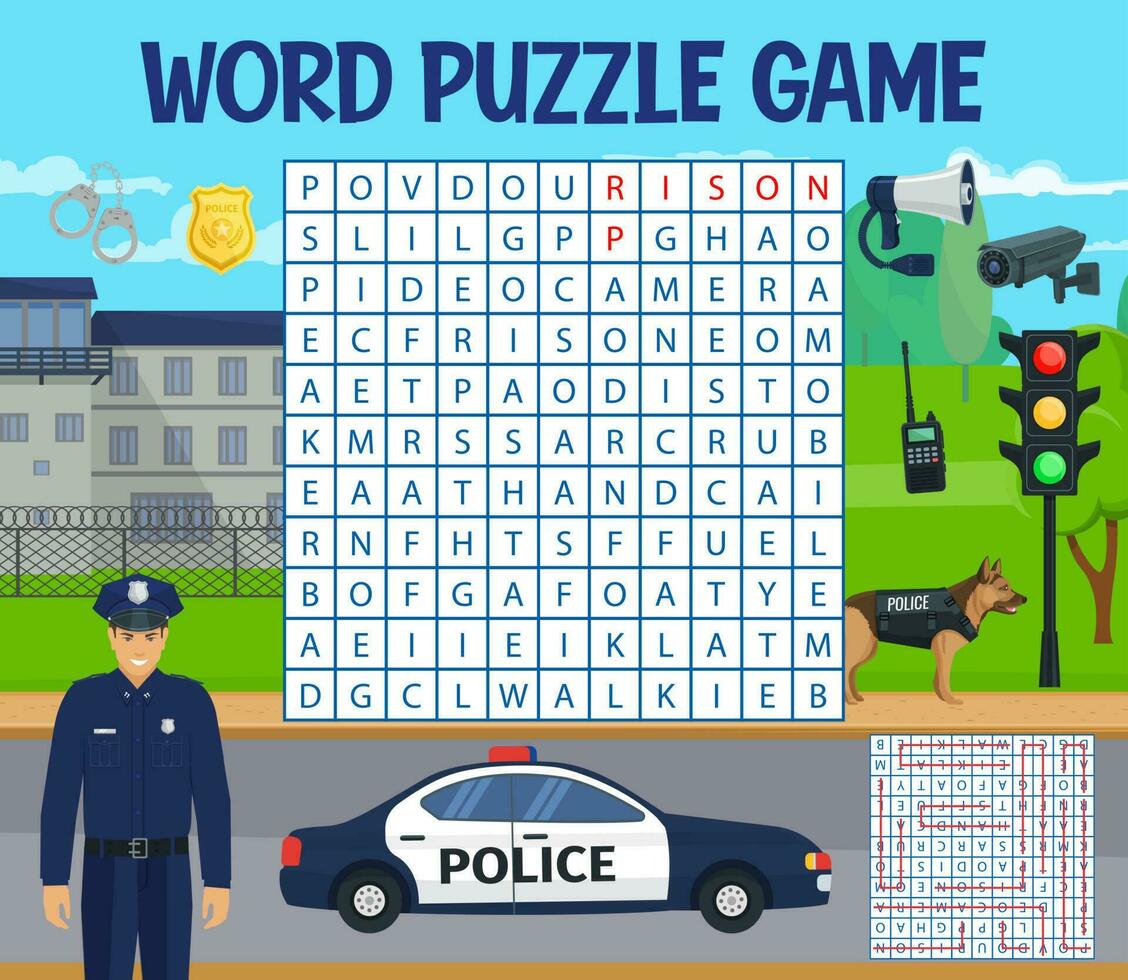 Police, law or policeman, word search puzzle game vector