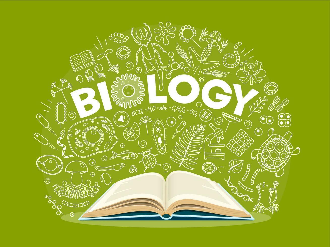 Biology textbook, outline school science symbols vector