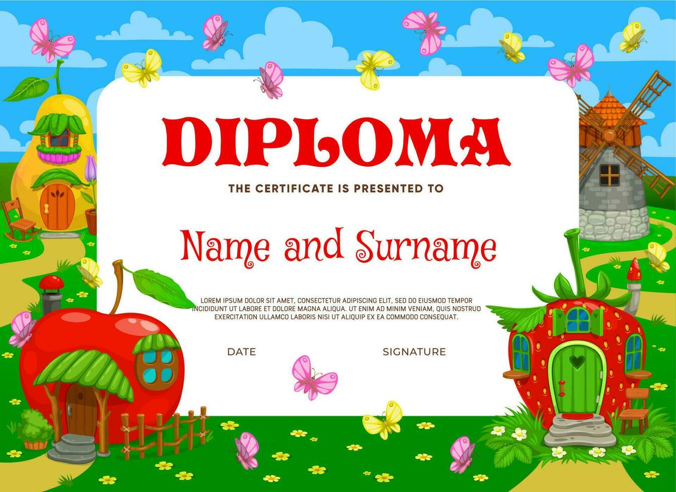 Kids diploma, fairytale magic houses and dwellings vector