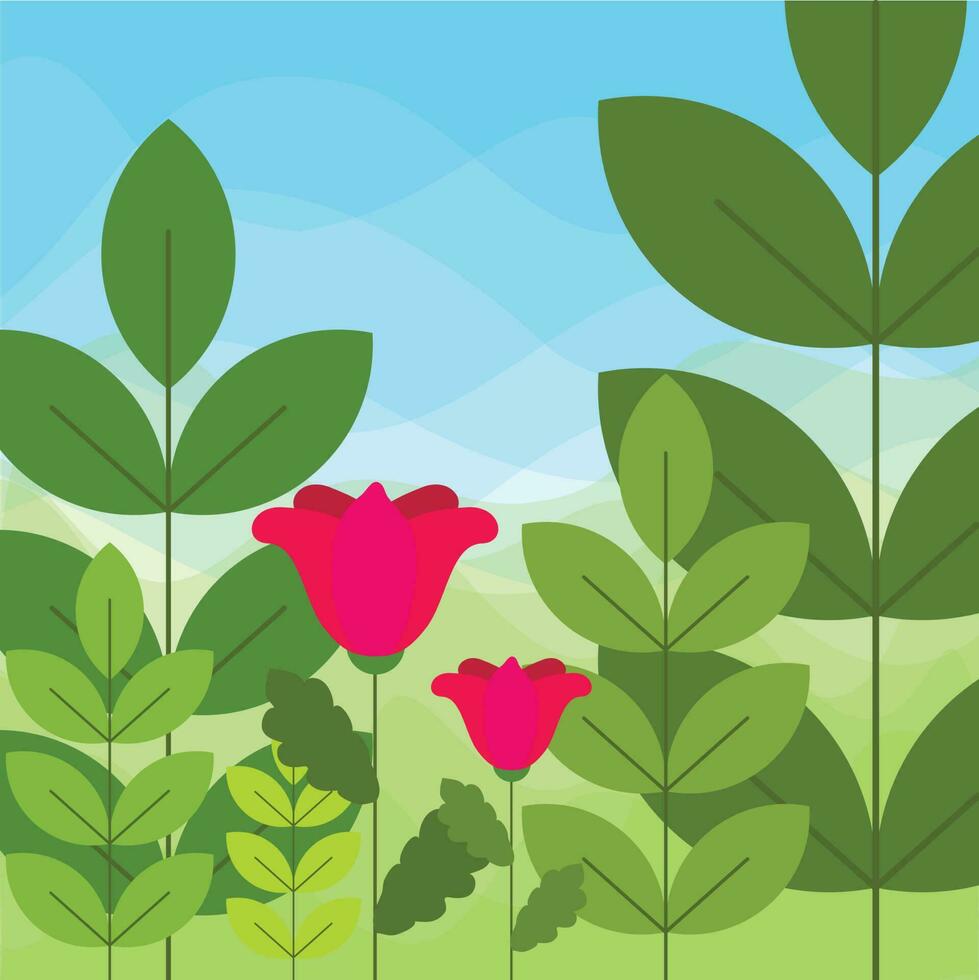 antecedentes para texto con flores y plantas. sencillo natural antecedentes. en el jardín o parque, naturaleza antecedentes. verde verano póster, bandera, correo. un dibujos animados de un flor campo con un azul cielo vector