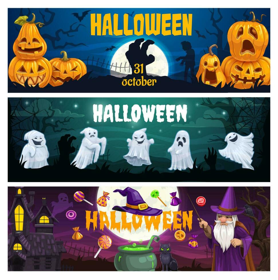 Happy Halloween party cartoon vector banners set