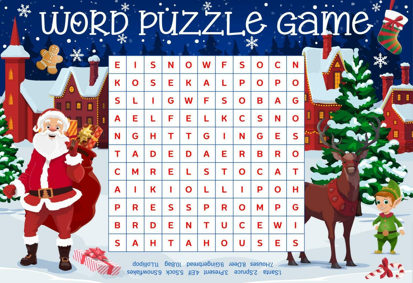 Merry christmas word puzzle worksheet with Santa vector