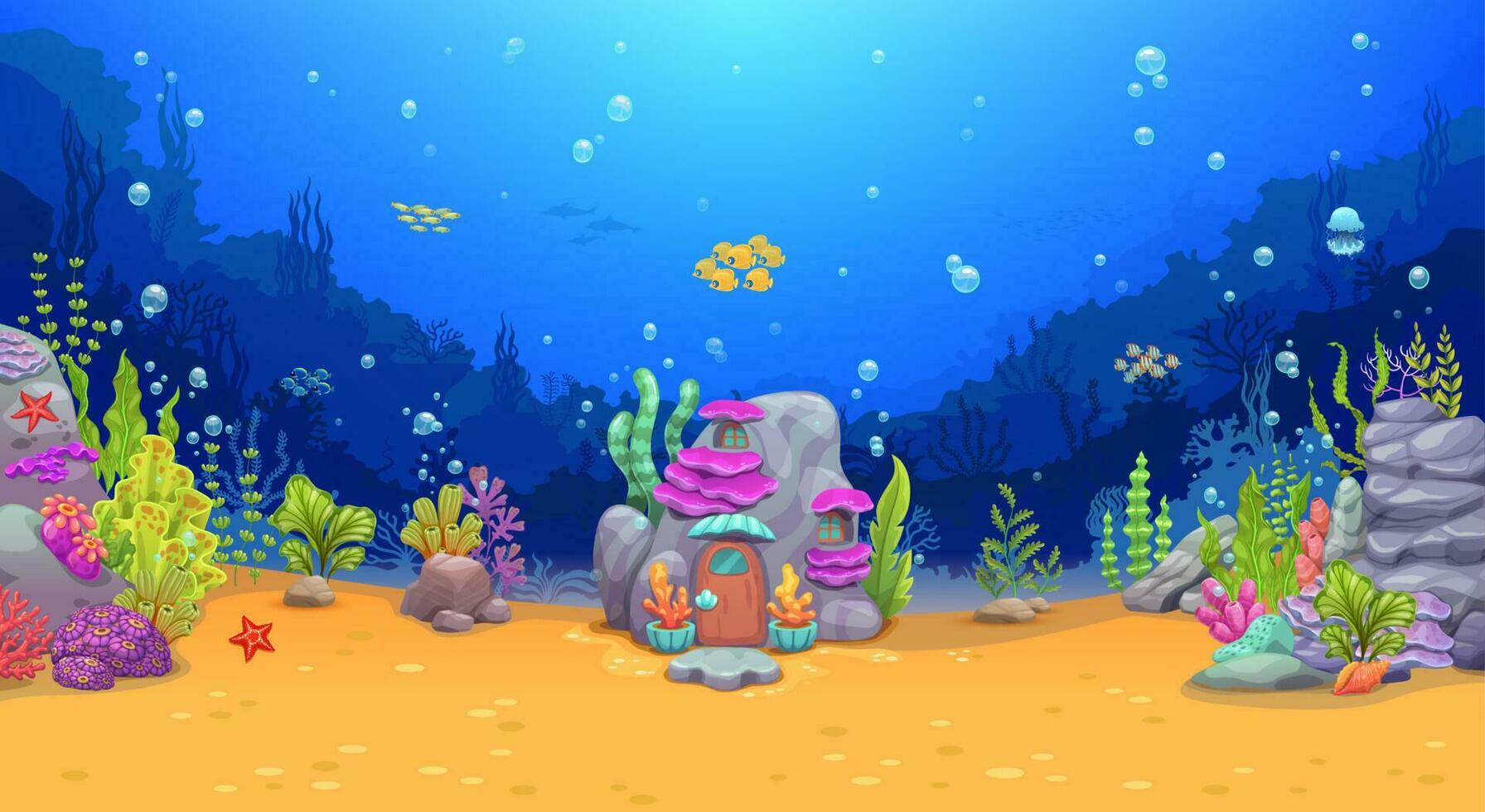 Cartoon reef house game level underwater landscape vector
