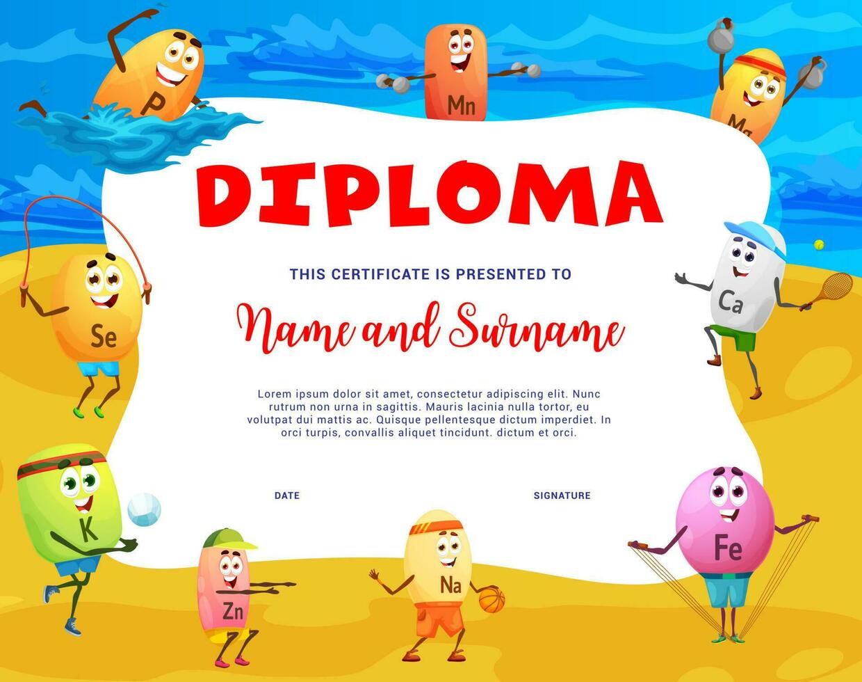 Kids diploma with vitamin characters on beach vector