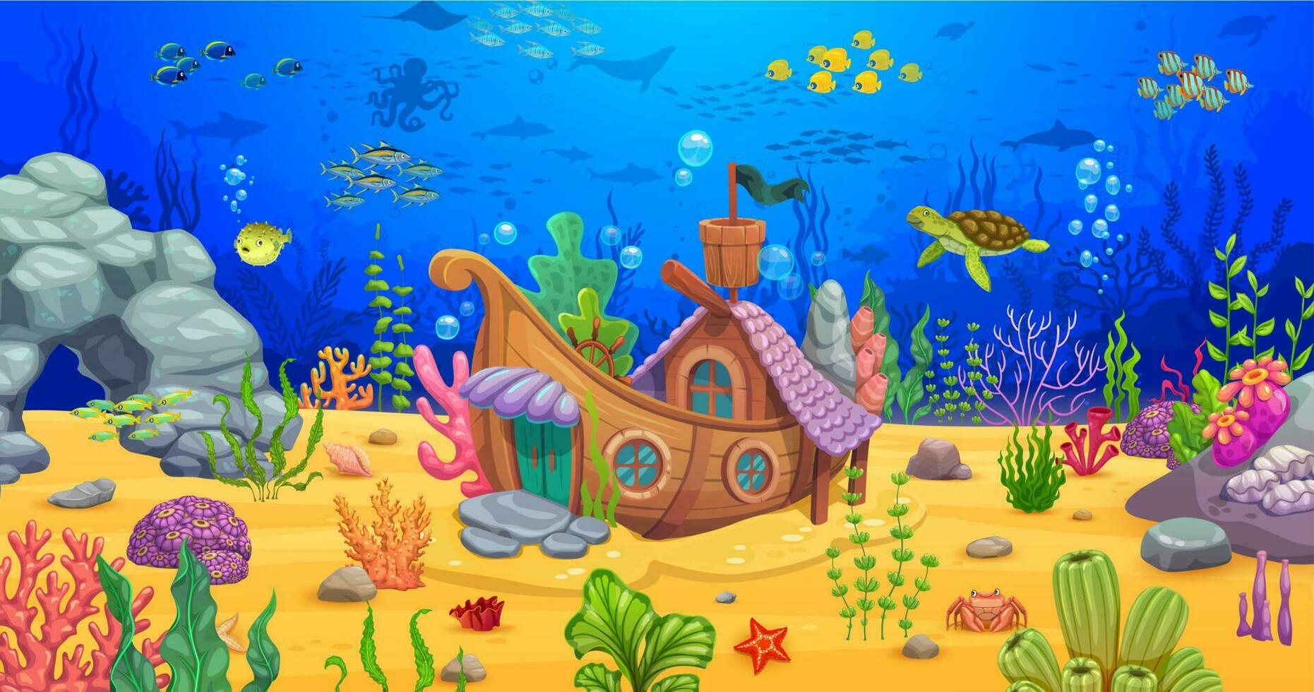 Cartoon underwater sea landscape with sunken boat vector