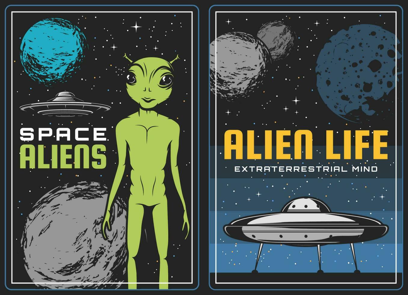 retro póster con extraterrestre y OVNI astronave en espacio vector