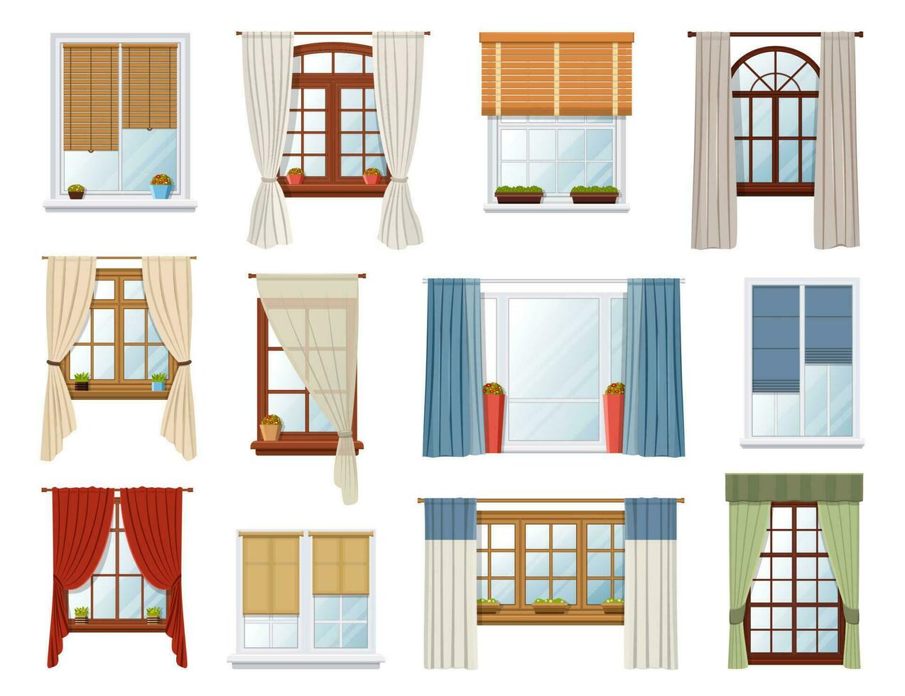 Windows with curtains and jalousie vector interior