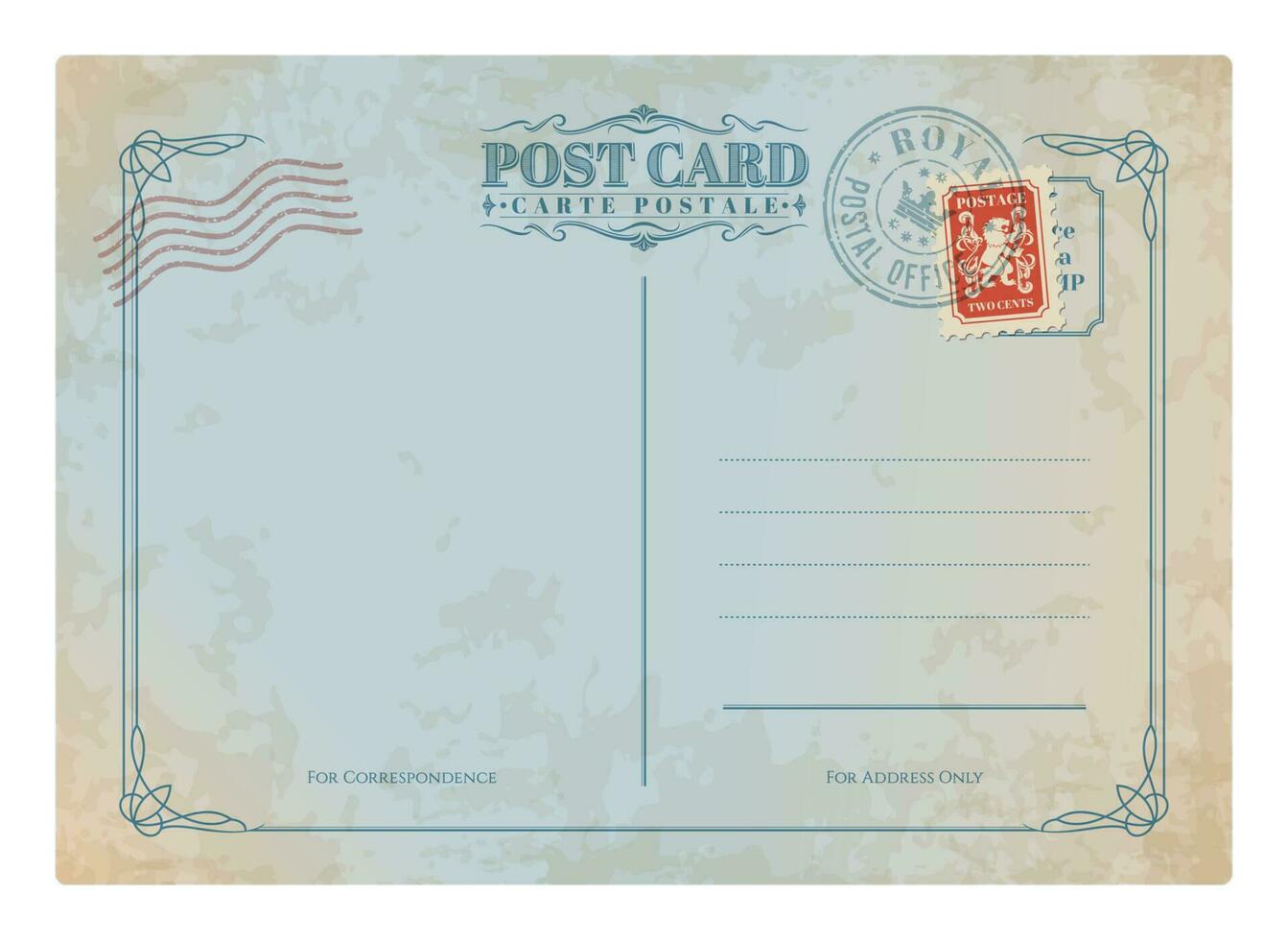 Mail vintage postcard, retro postage stamp vector