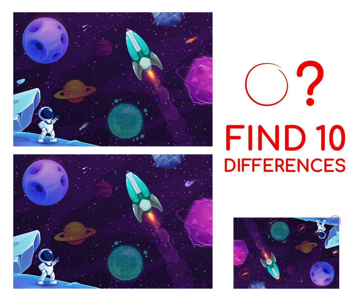 Find ten differences on galaxy space landscape vector