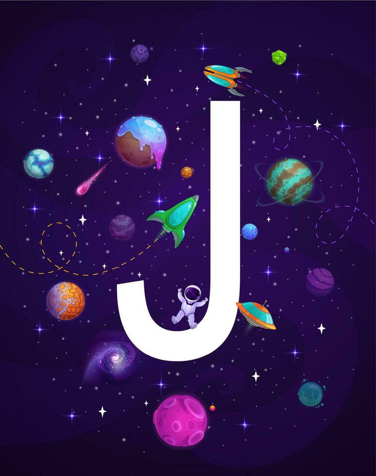 Cartoon space letter j, galaxy planets background vector