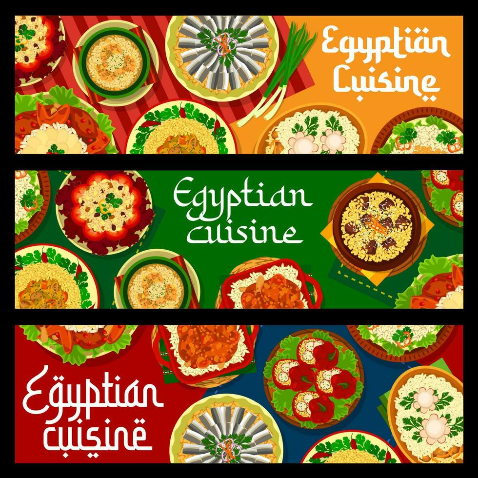 Egyptian cuisine restaurant food banners, dishes vector