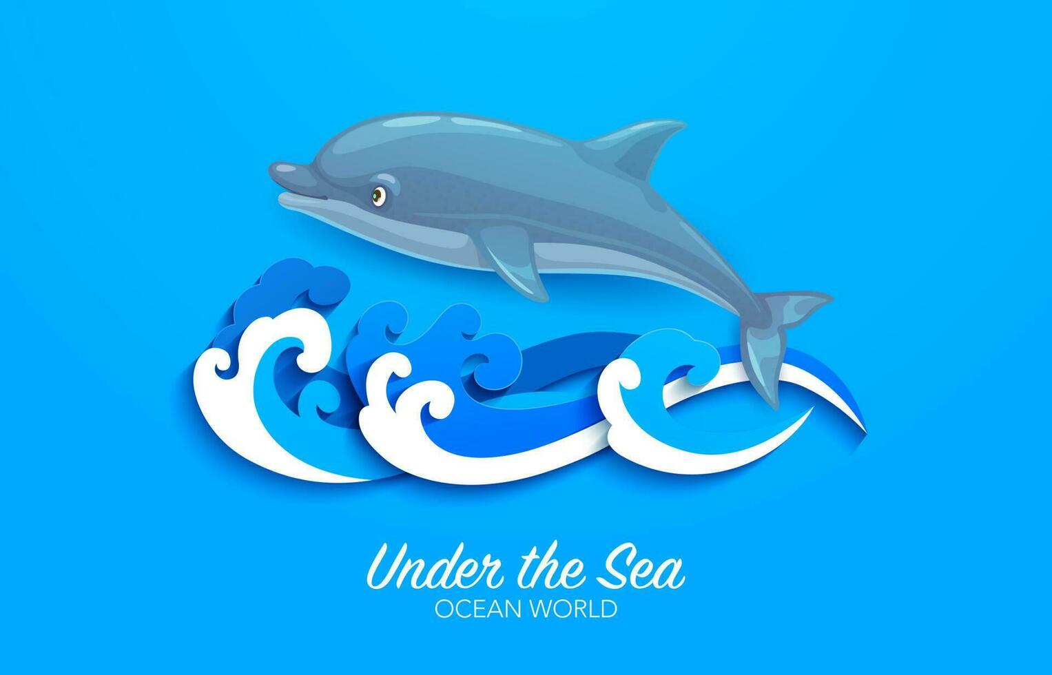 Cartoon dolphin with paper cut sea waves, ocean vector