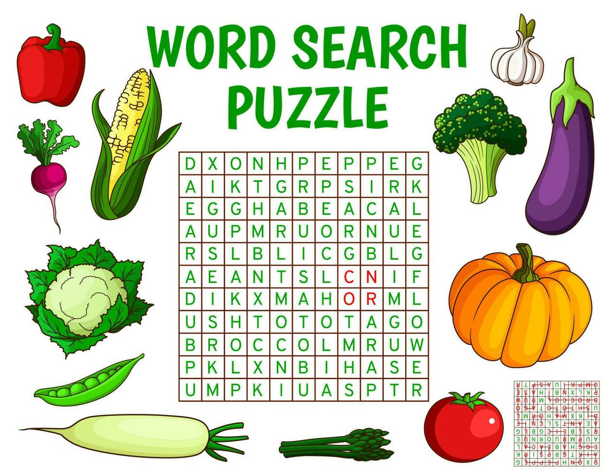 Raw farm vegetables word search puzzle game vector