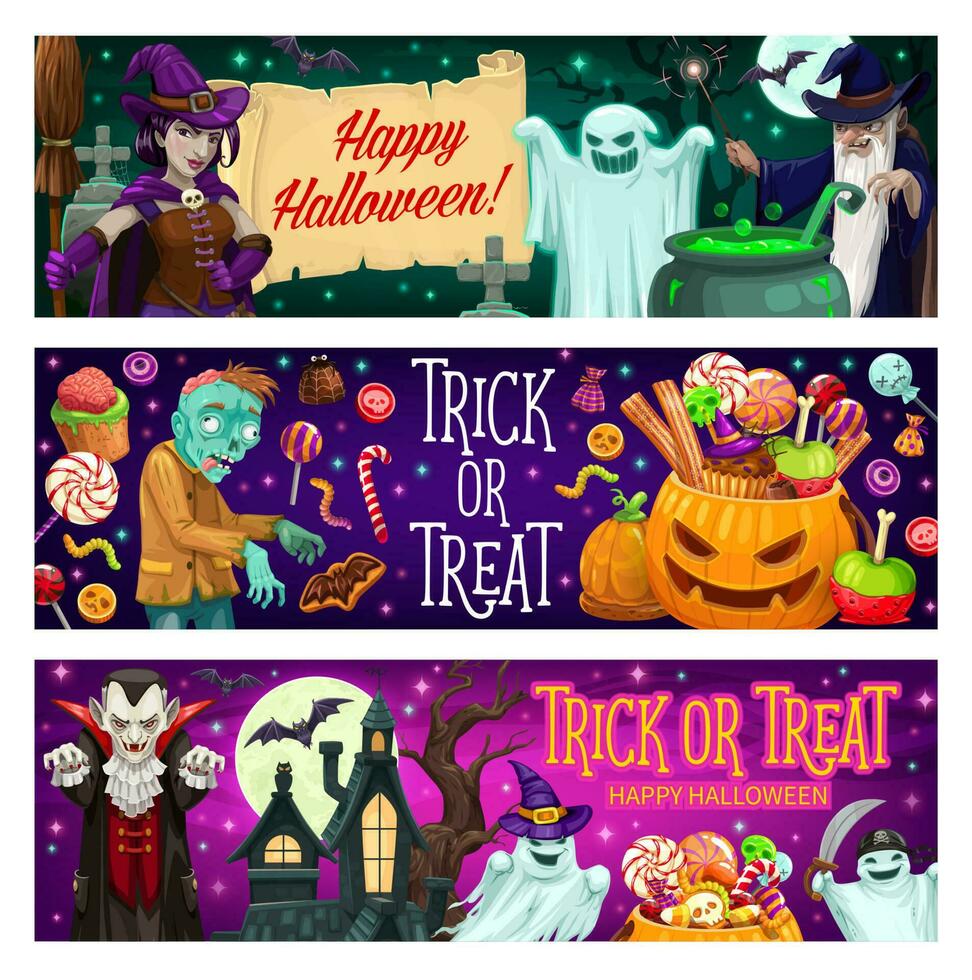 Happy Halloween party cartoon vector banners set