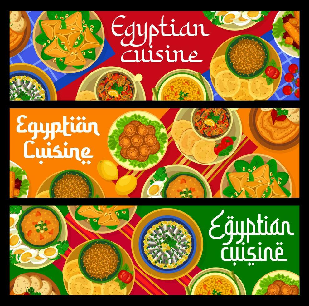 egipcio cocina comida pancartas, árabe platos, comidas vector