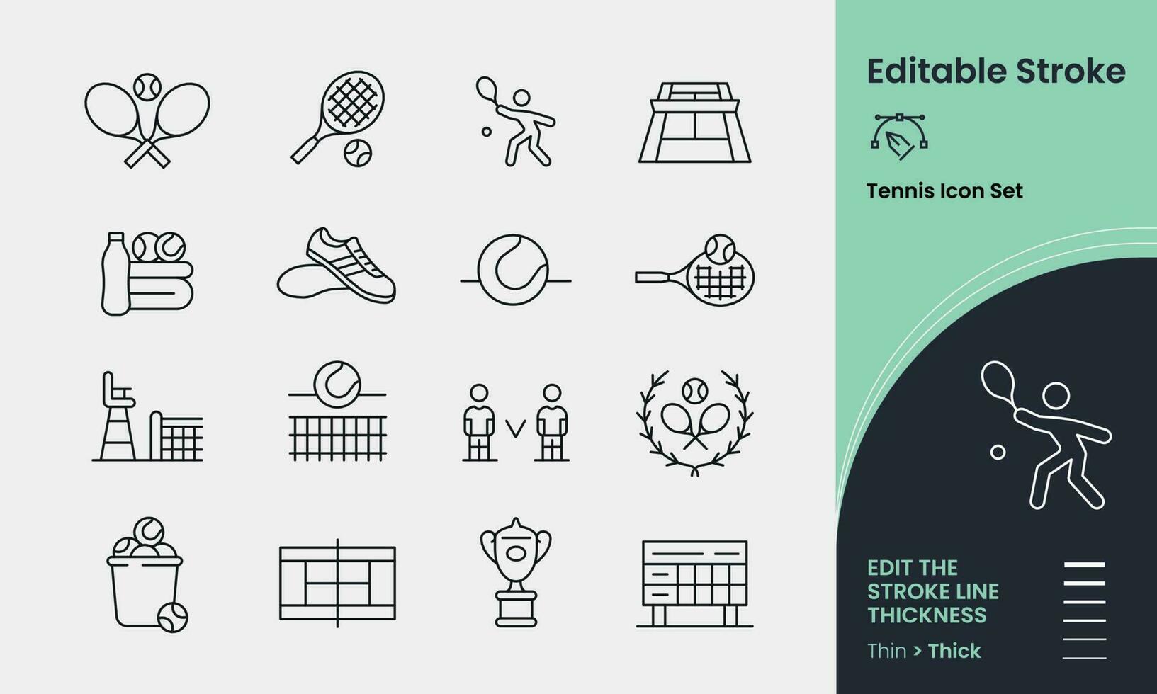 Tennis Icon collection containing 16 editable stroke icons. Perfect for logos, stats and infographics. Edit the thickness of the line in any vector capable app.
