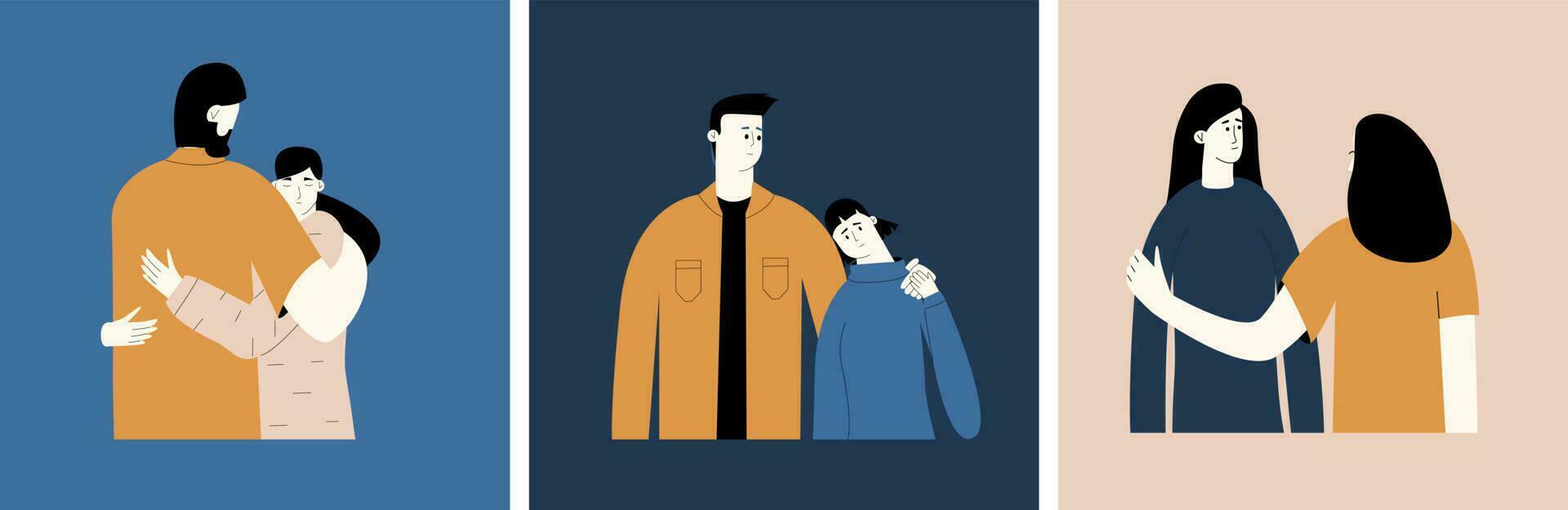 The concept of supporting close relatives, friends in difficult times. Relatives provide first aid for depression to loved ones. Vector illustration in flat style