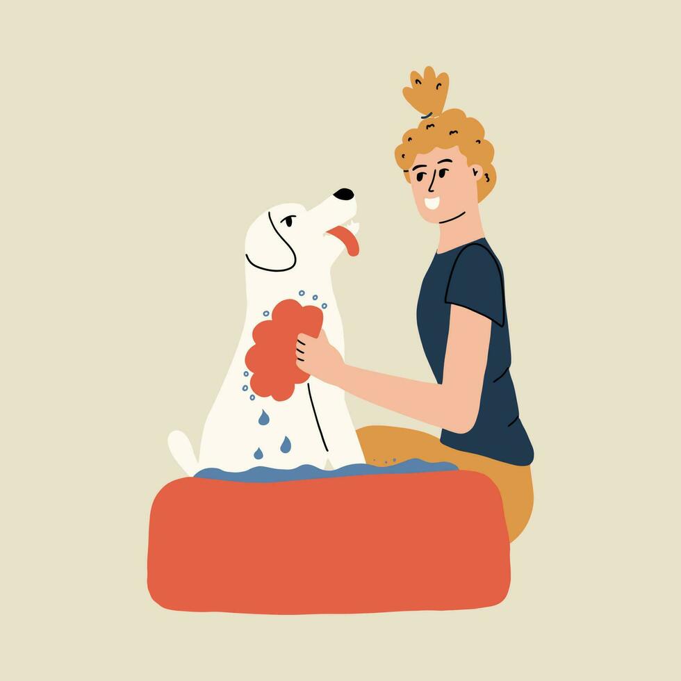 un mujer lavados su mascota. un hombre monitores el higiene de su perro. vector ilustración en mano dibujado estilo