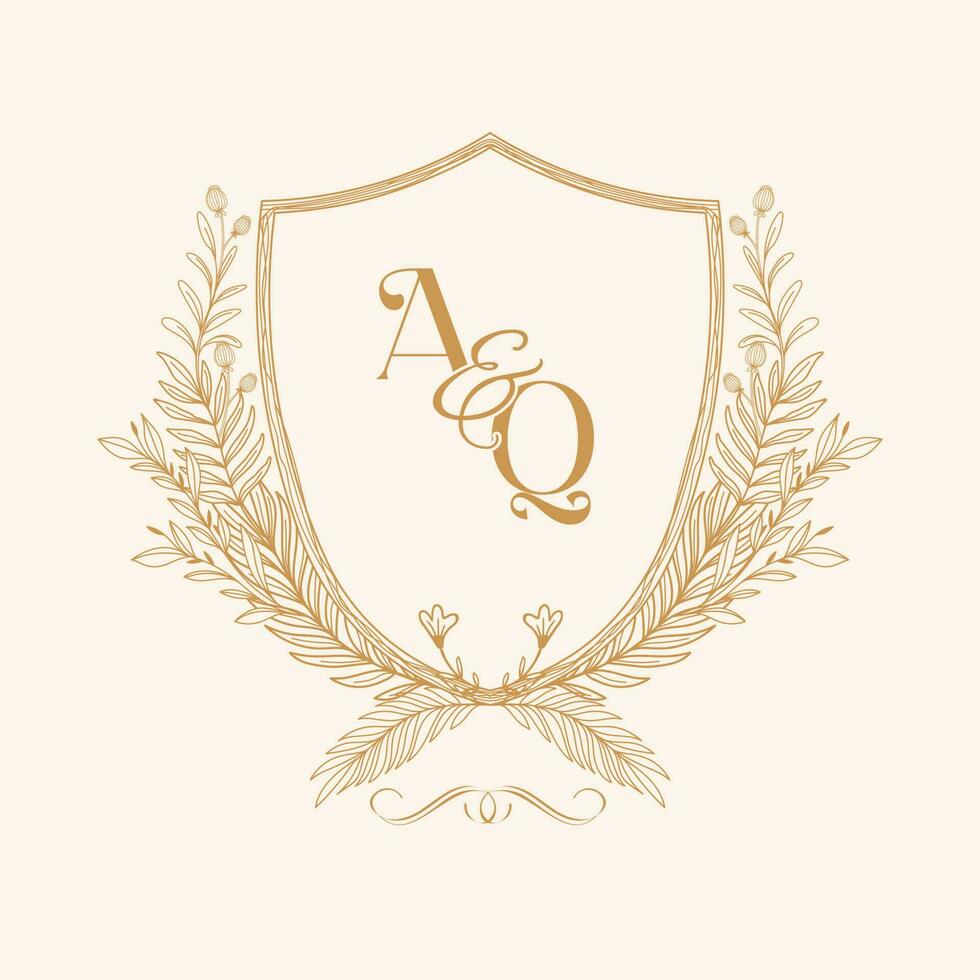 AQ Initial Wedding Monogram Logo Crest, Wedding Logo Design, Custom Wreath Wedding Monogram, Crest Initial Wedding Logo Design. vector