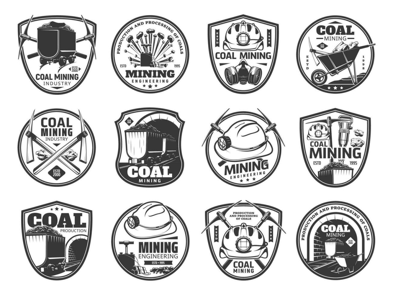 Coal mining industry vector monochrome icons