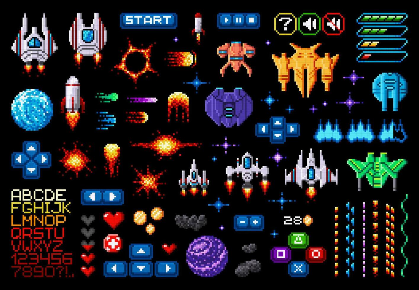 espacio juego activo 8 bits píxel Arte galaxia planetas vector