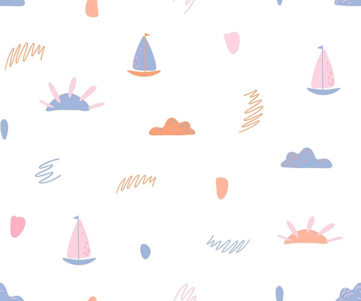Nautical seamless pattern with cute boats, clouds and sun, doodle style, decorative summer wallpapers. vector