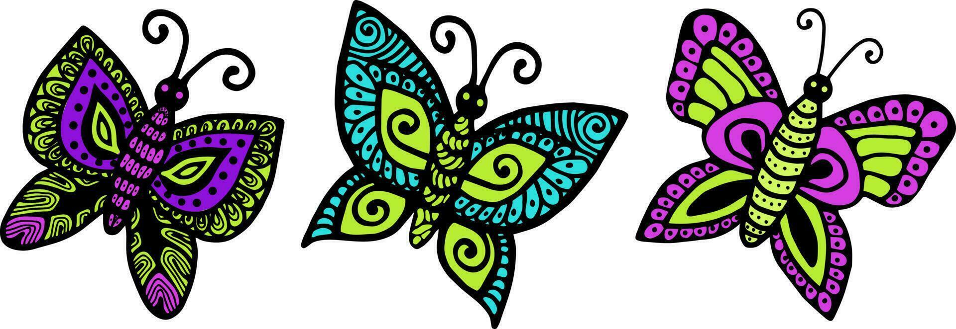 Vector illustration of a set of bright butterflies on a white background, vector butterflies, magazines, printing on clothes, advertising. Beautiful illustration of a set of butterflies.