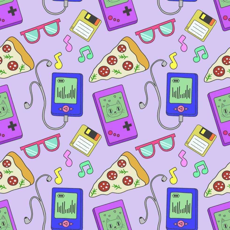 Seamless pattern with retro icons depicting tamagotchi, a game console, a player and other items in the colorful style of the 80-90s. Flat vector illustration.