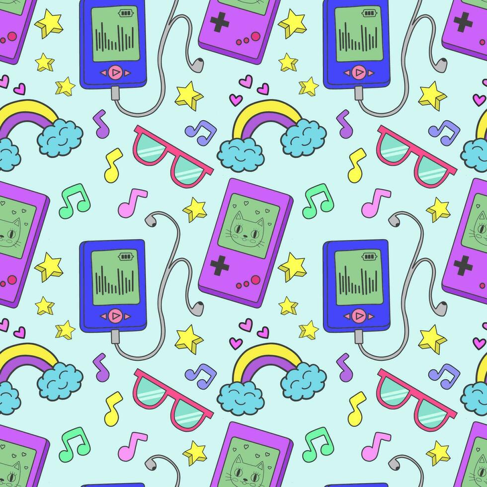 Seamless pattern with retro icons depicting a game console, player, glasses, rainbow, stars and other items in the colorful style of the 80s and 90s. Commercial vector illustration.