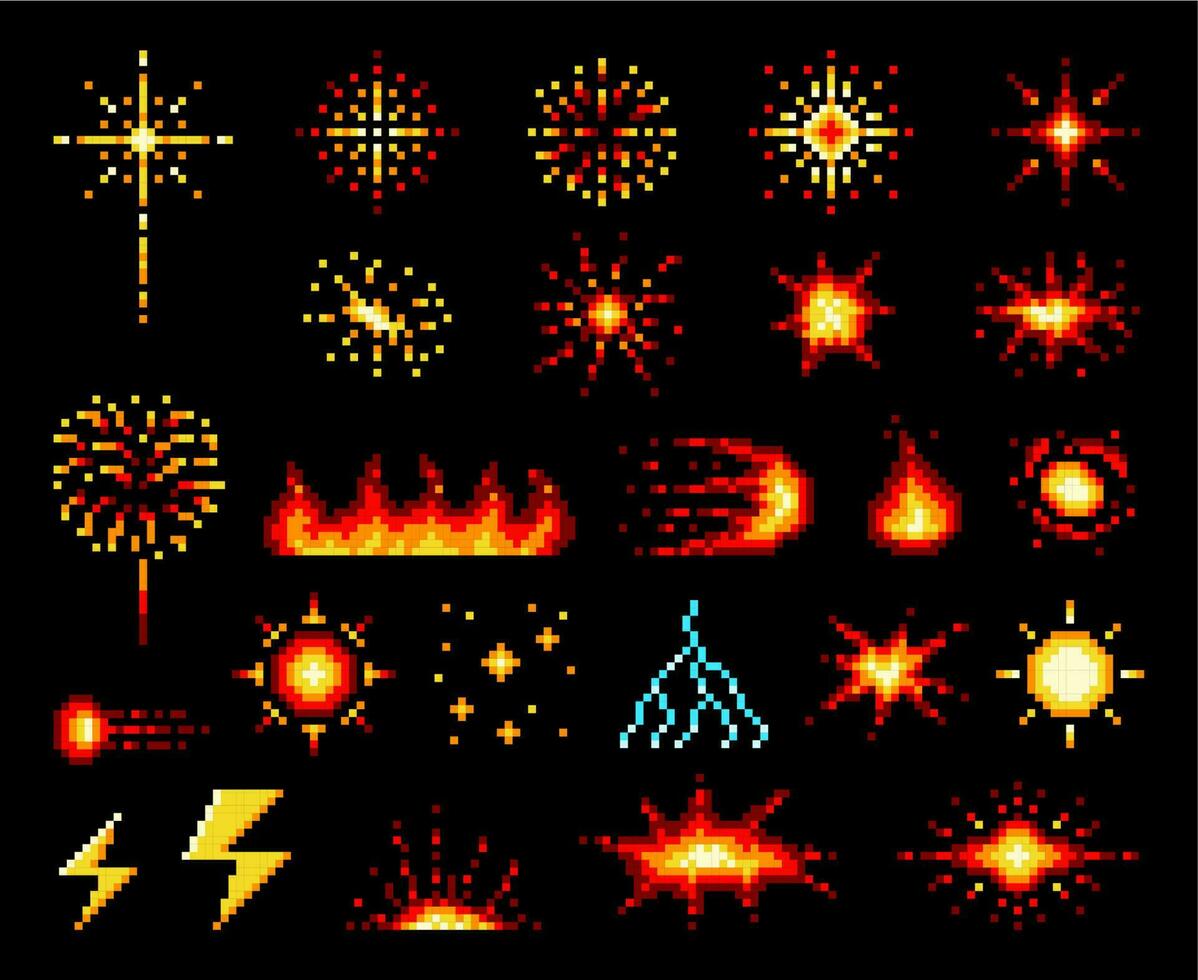 8 bit pixel fire flames, explosion and fireballs vector