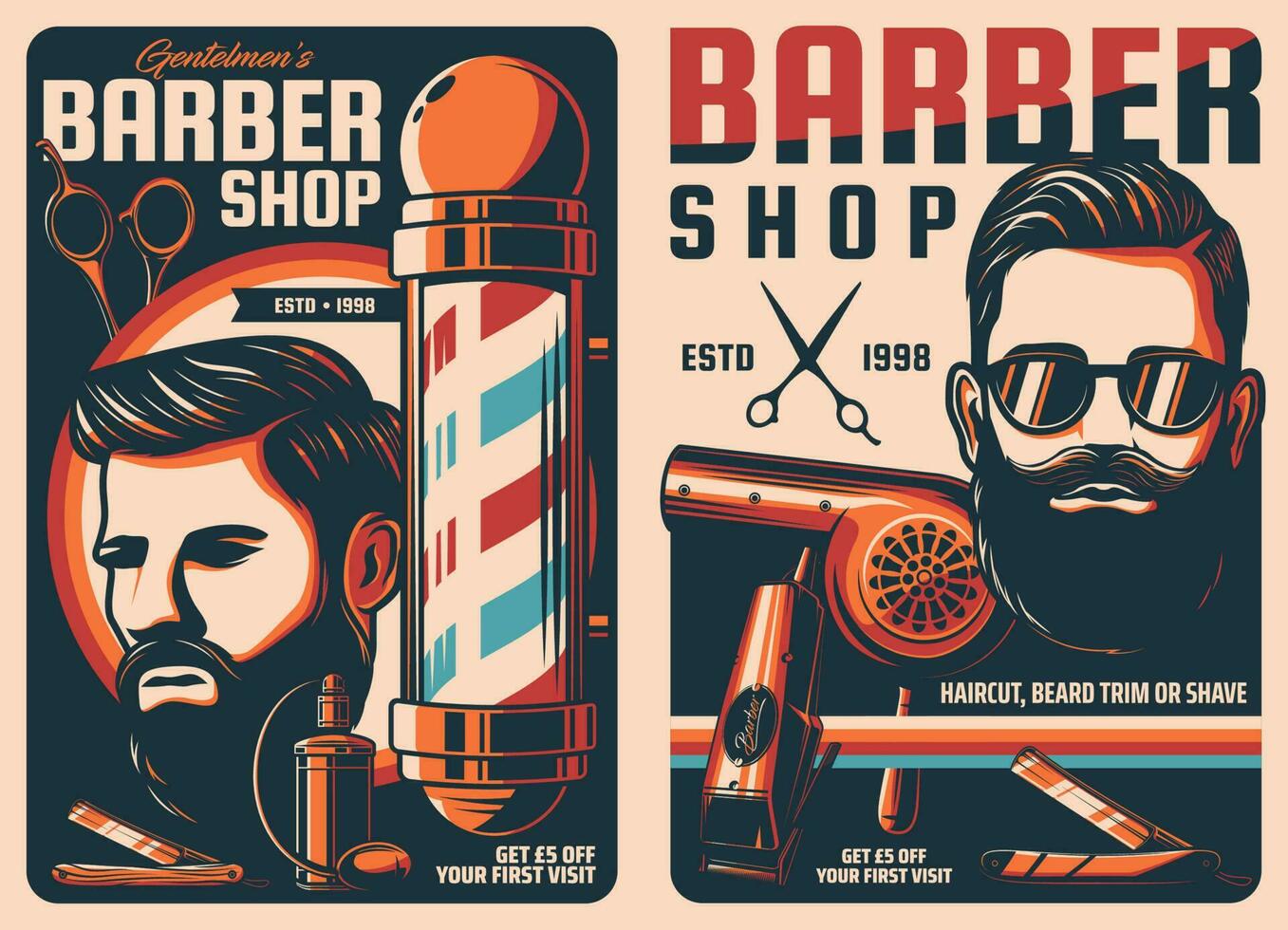 Barbershop, hairdresser salon vintage posters vector