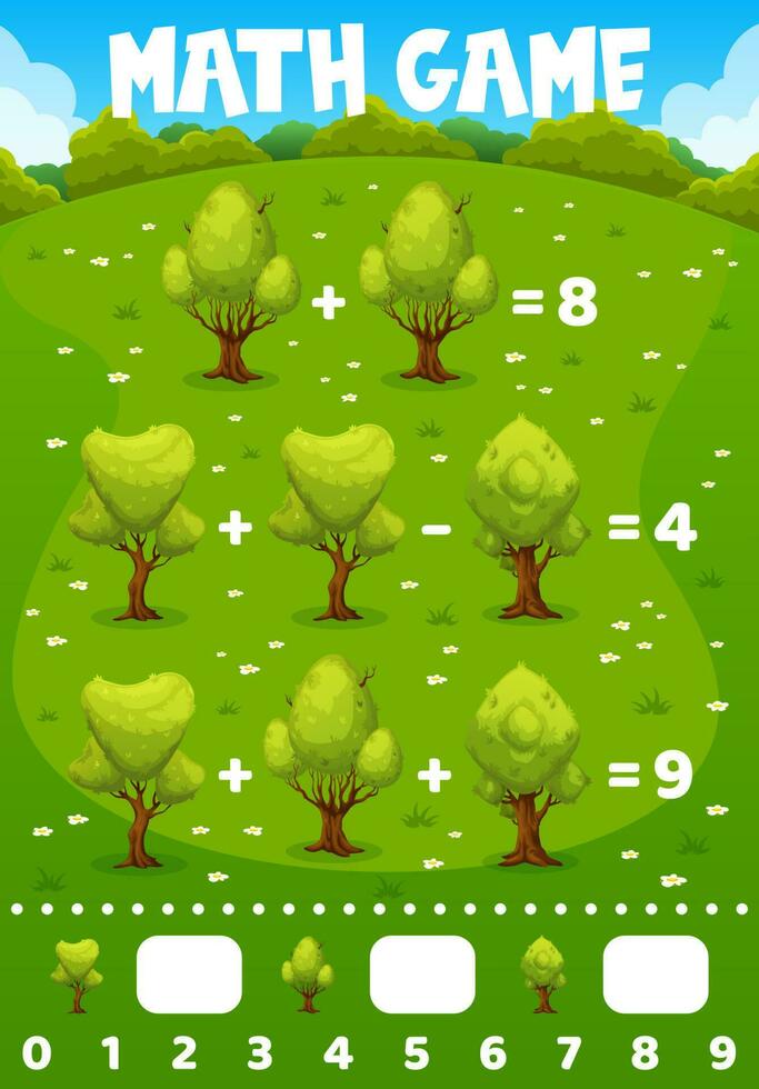 matemáticas juego hoja de cálculo con dibujos animados bosque arboles vector