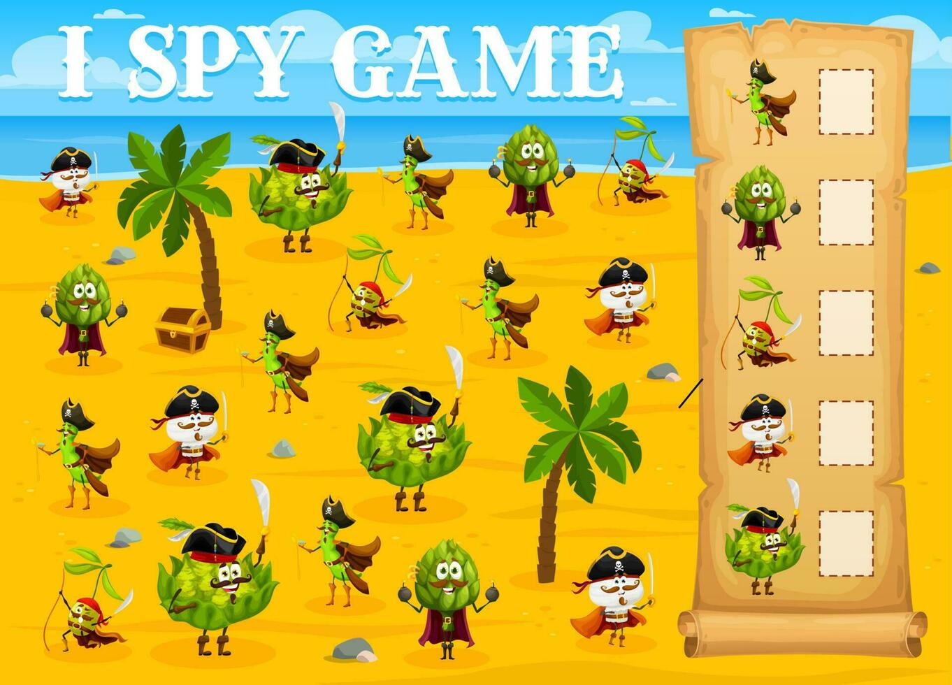 I spy game worksheet, cartoon vegetable pirates vector