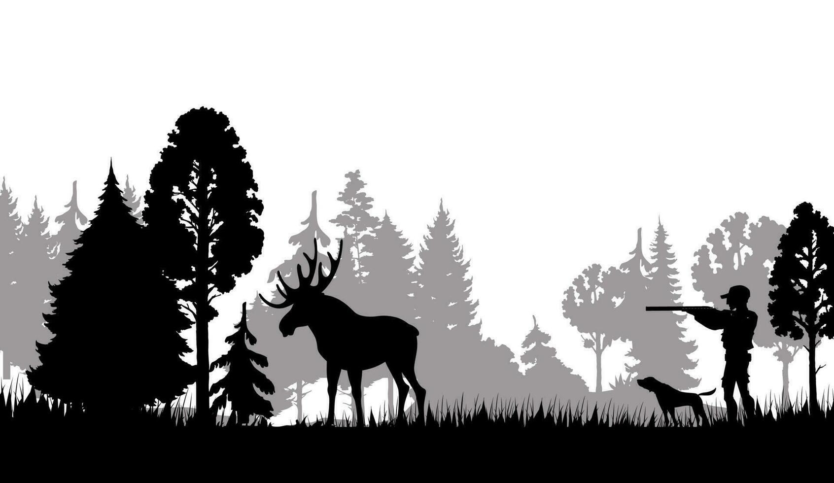 Hunting silhouette. Hunter, shotgun, dog and moose vector