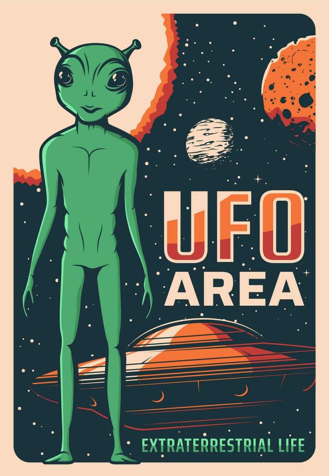 retro póster con extraterrestre y OVNI vector tarjeta