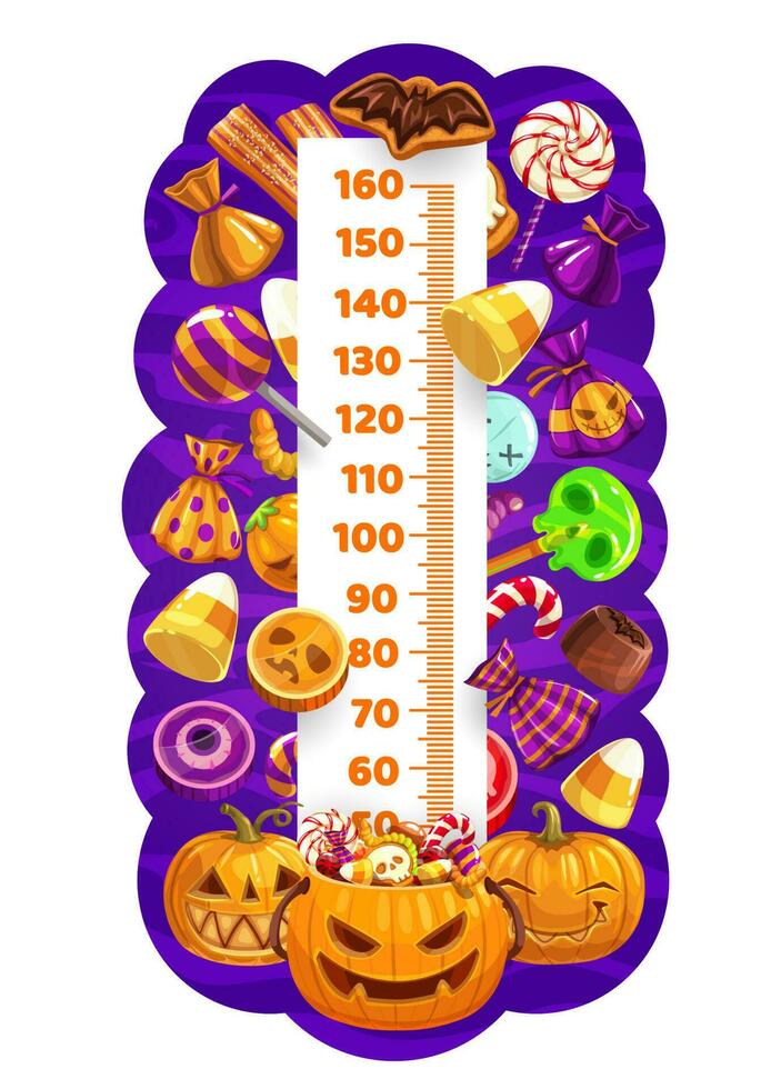 Halloween kids height chart, sweets and pumpkins vector