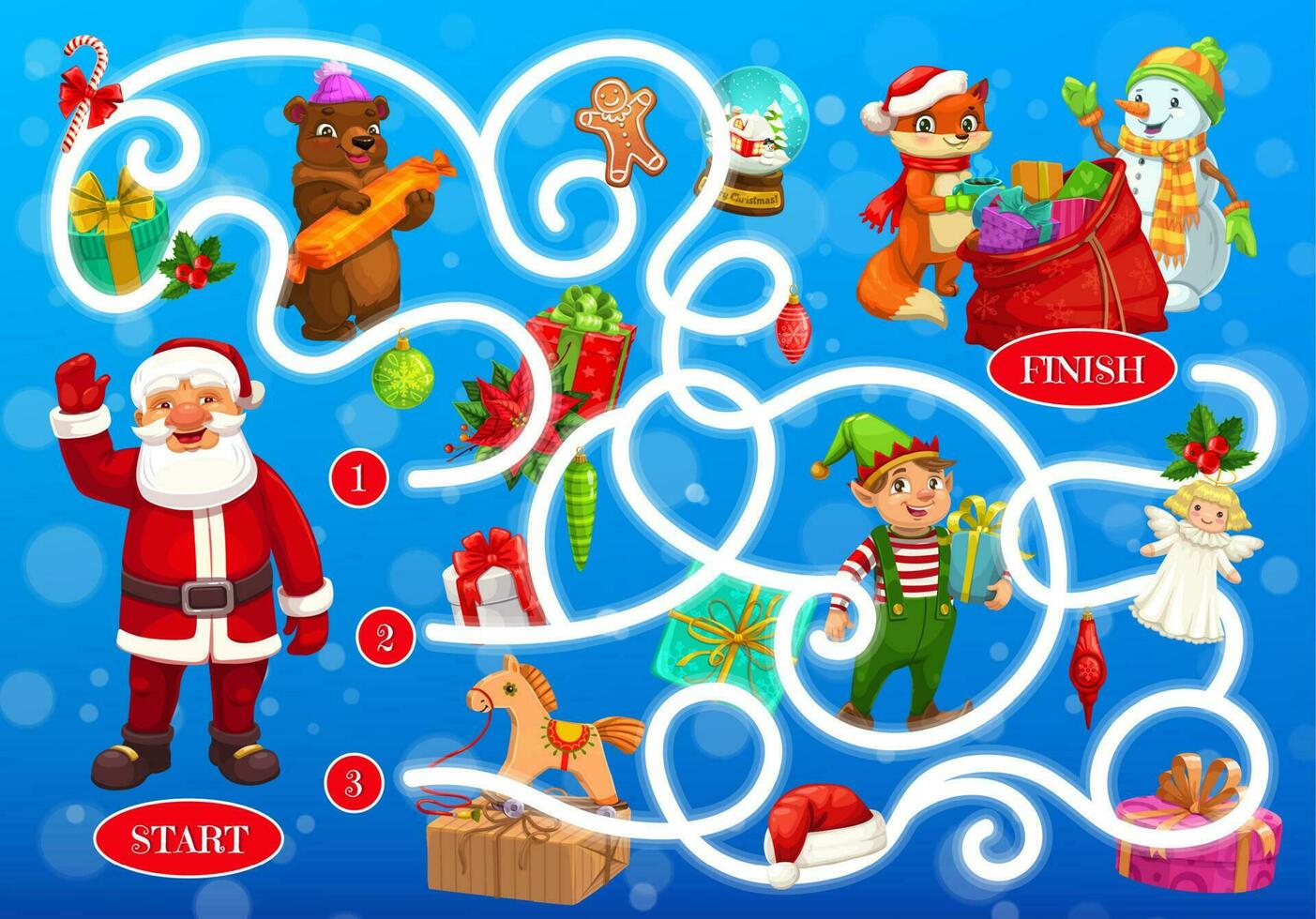 Christmas labyrinth maze with fairytale characters vector
