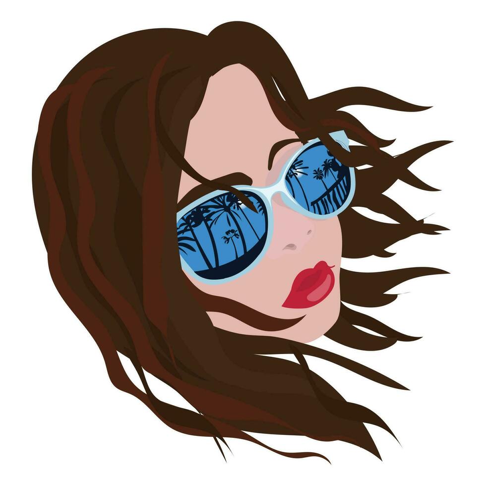 The face of a girl whose sunglasses reflect the sun and palm trees. The concept of summer holidays on the beach. illustration for your design. Vector. vector